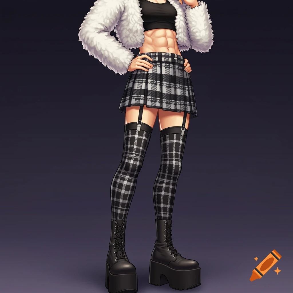 Anime style image of a character wearing a black crop top, plaid skirt, stockings with garters, platform boots, and a white fluffy jacket, showing abs.
