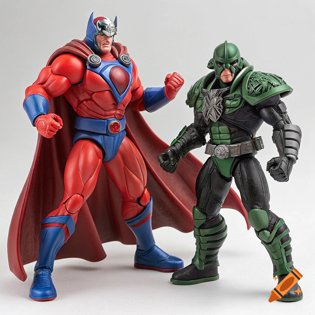 Two detailed action figures, one in red and blue armor, the other in green and black armor, stand on a white surface.