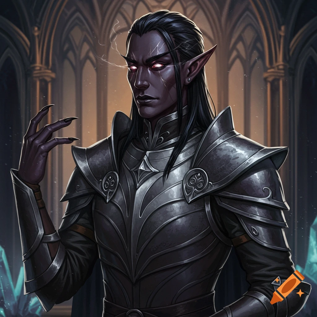 A dark elf in detailed silver armor stands in a gothic hall.