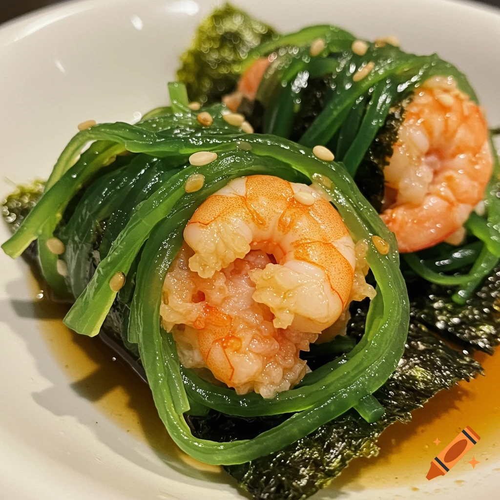 Close-up of shrimp wrapped in seaweed, topped with sesame seeds, served with sauce.