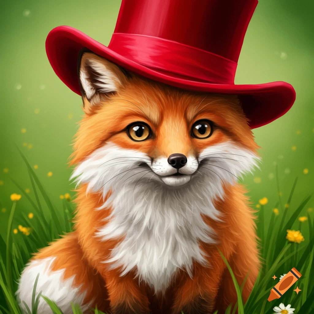 A red fox wearing a red top hat in a field of green grass and yellow flowers.