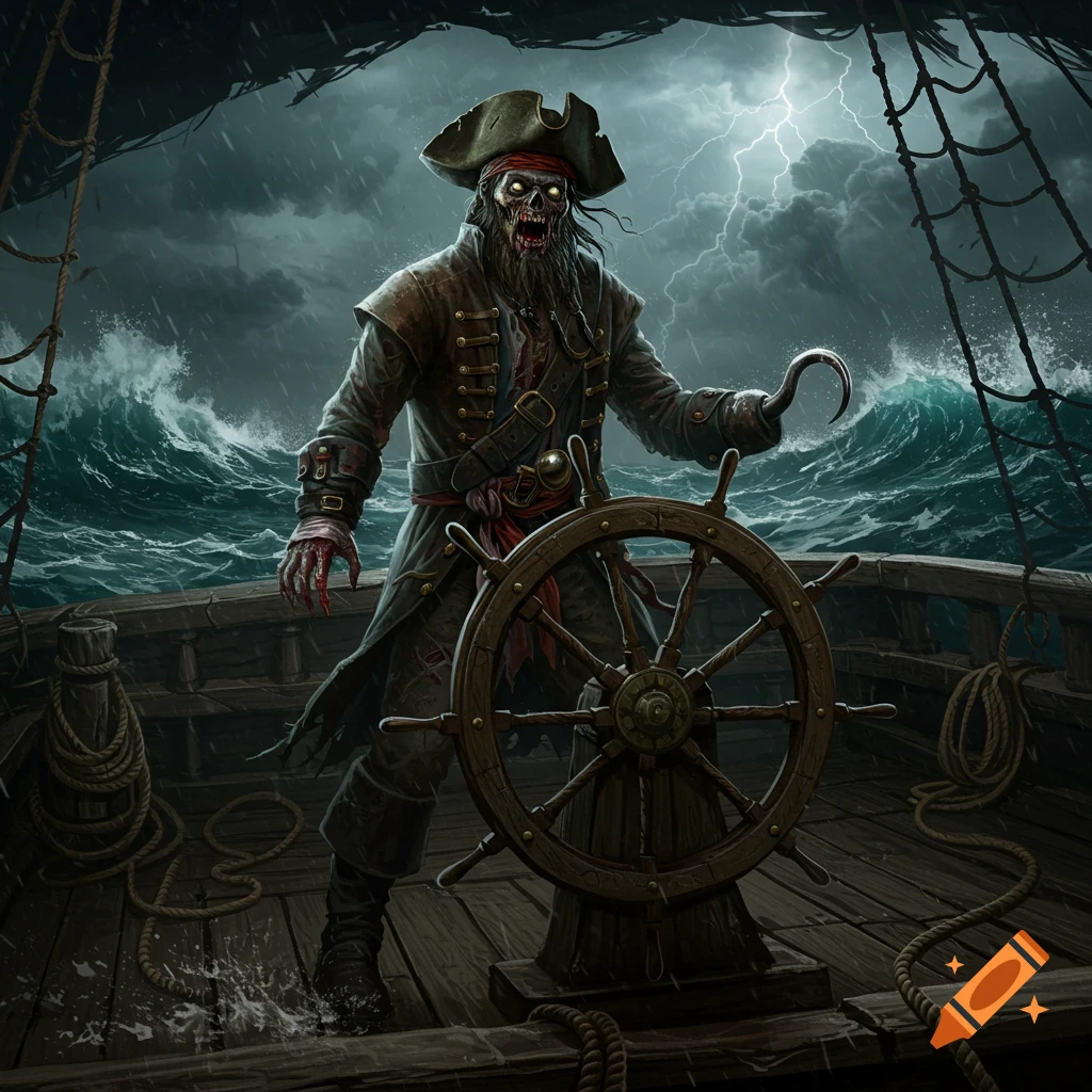 A zombie pirate steering a ship in a storm.