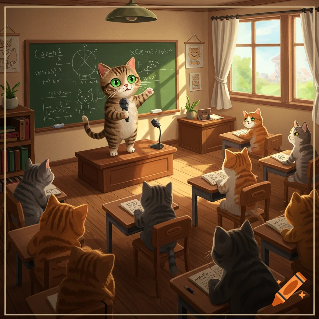 A tabby cat is giving a presentation to a class of cats in a classroom.