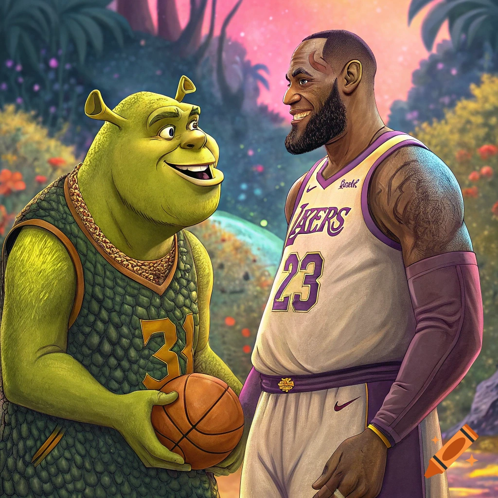 Shrek and LeBron James in basketball uniforms in a fantasy forest.