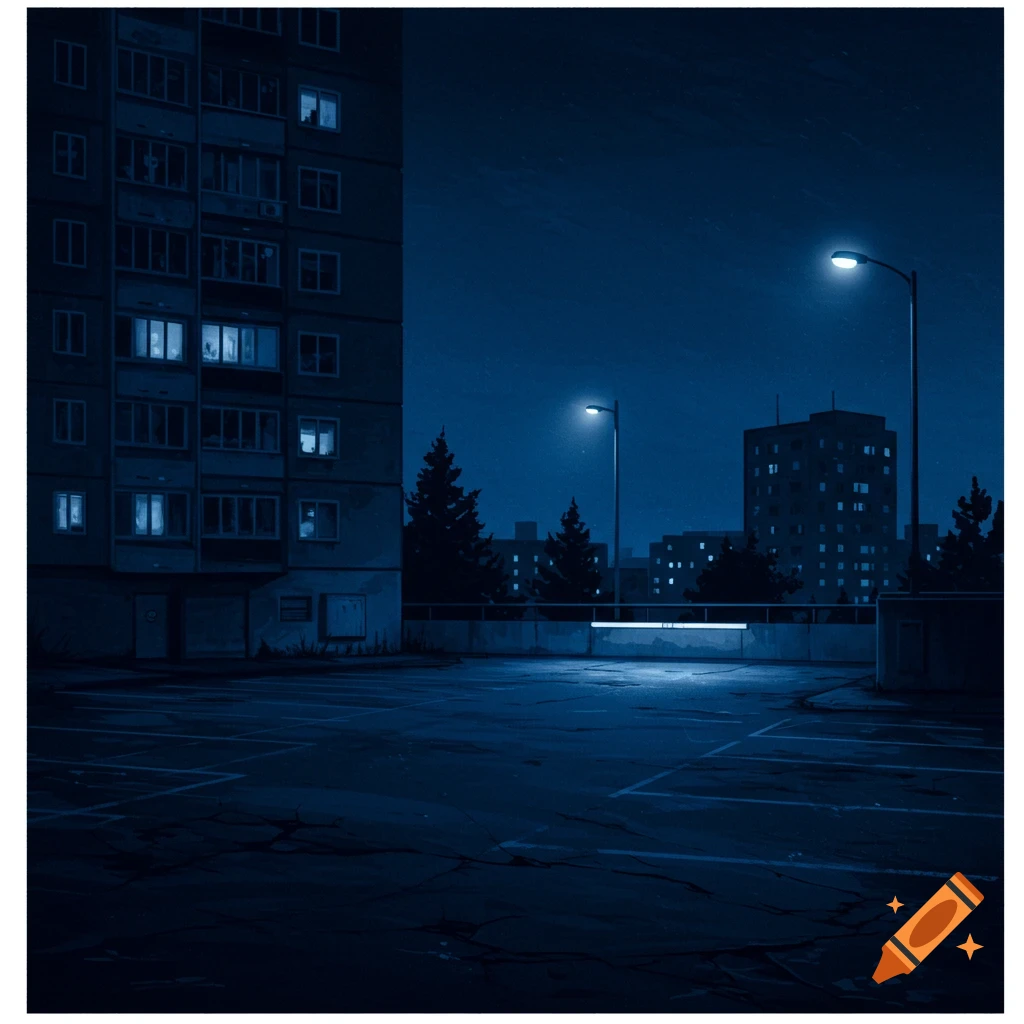 A dark, empty city parking lot at night with buildings and streetlights.