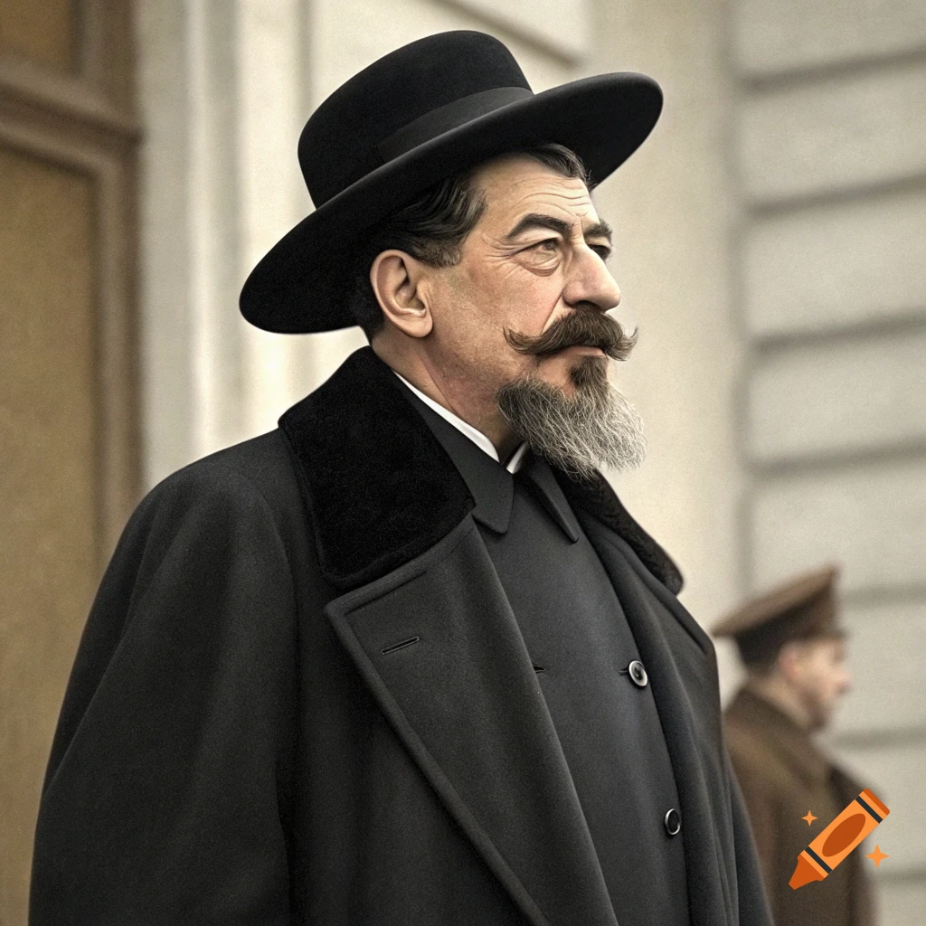 Portrait of a historical man in a black coat, hat, beard, and mustache