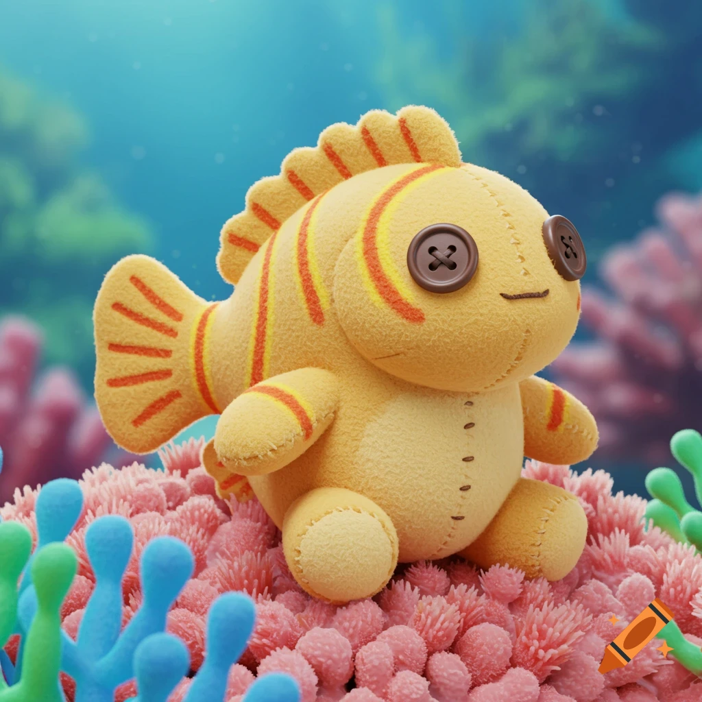 A plush toy fish with button eyes sits on pink coral in a stylized underwater scene.
