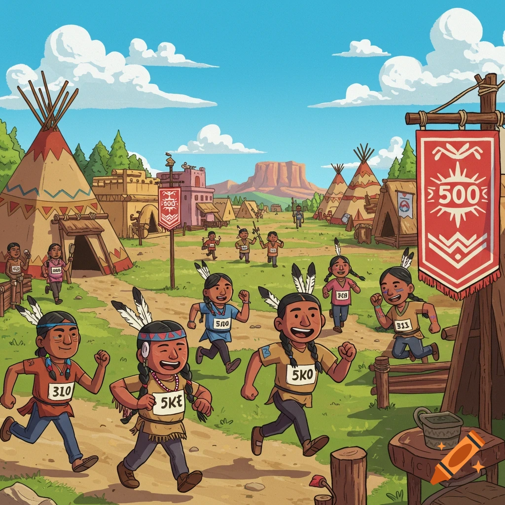 A cartoon shows Native American people running a 5k race through a town.