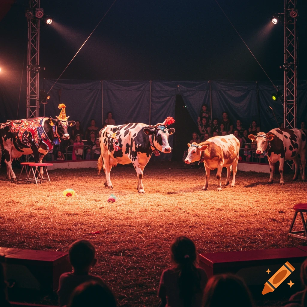 Cows perform in a circus tent for an audience, some wearing costumes