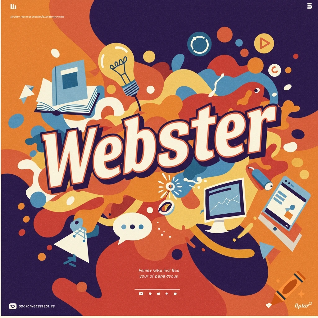 A vibrant, colorful illustration poster with abstract shapes, a book, lightbulb, and computer screen, featuring the large word "Webster" in the center.