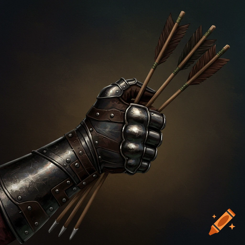A medieval gauntlet holding three arrows.