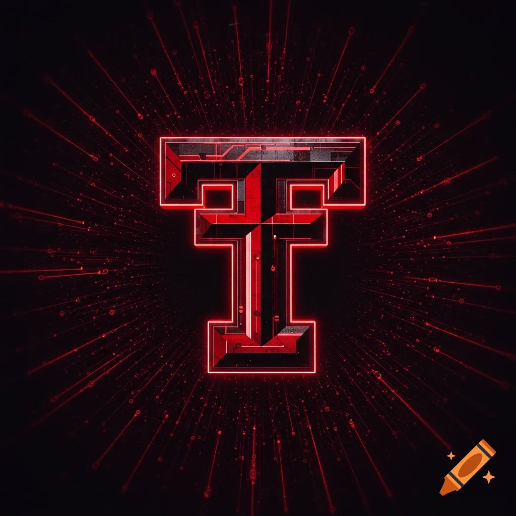 A stylized Texas Tech Double T logo in red and black cybersigilism style with light effects radiating outwards.
