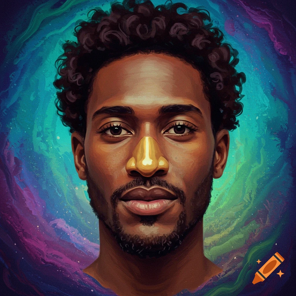 Portrait of a man with a gold nose against a colorful, swirling background.