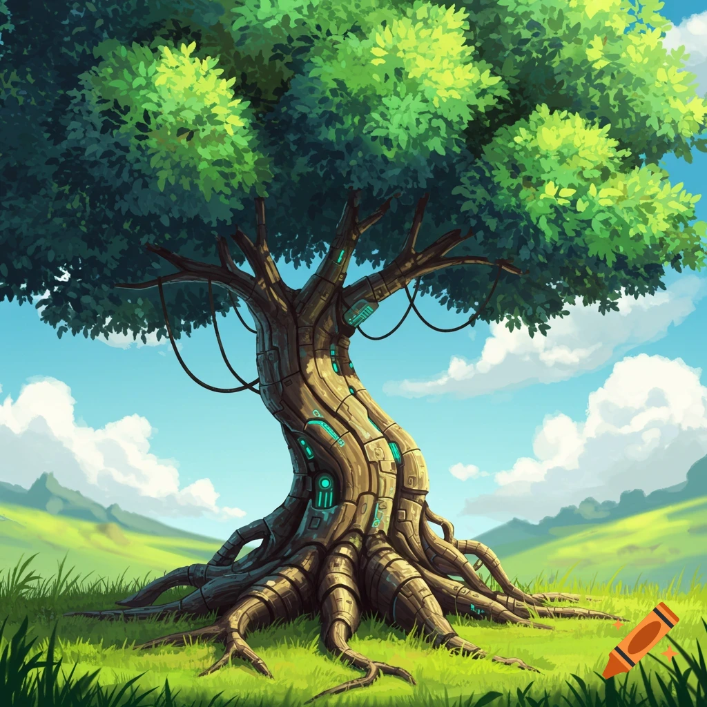 A mechanical tree with glowing blue panels stands in a green field under a cloudy sky.