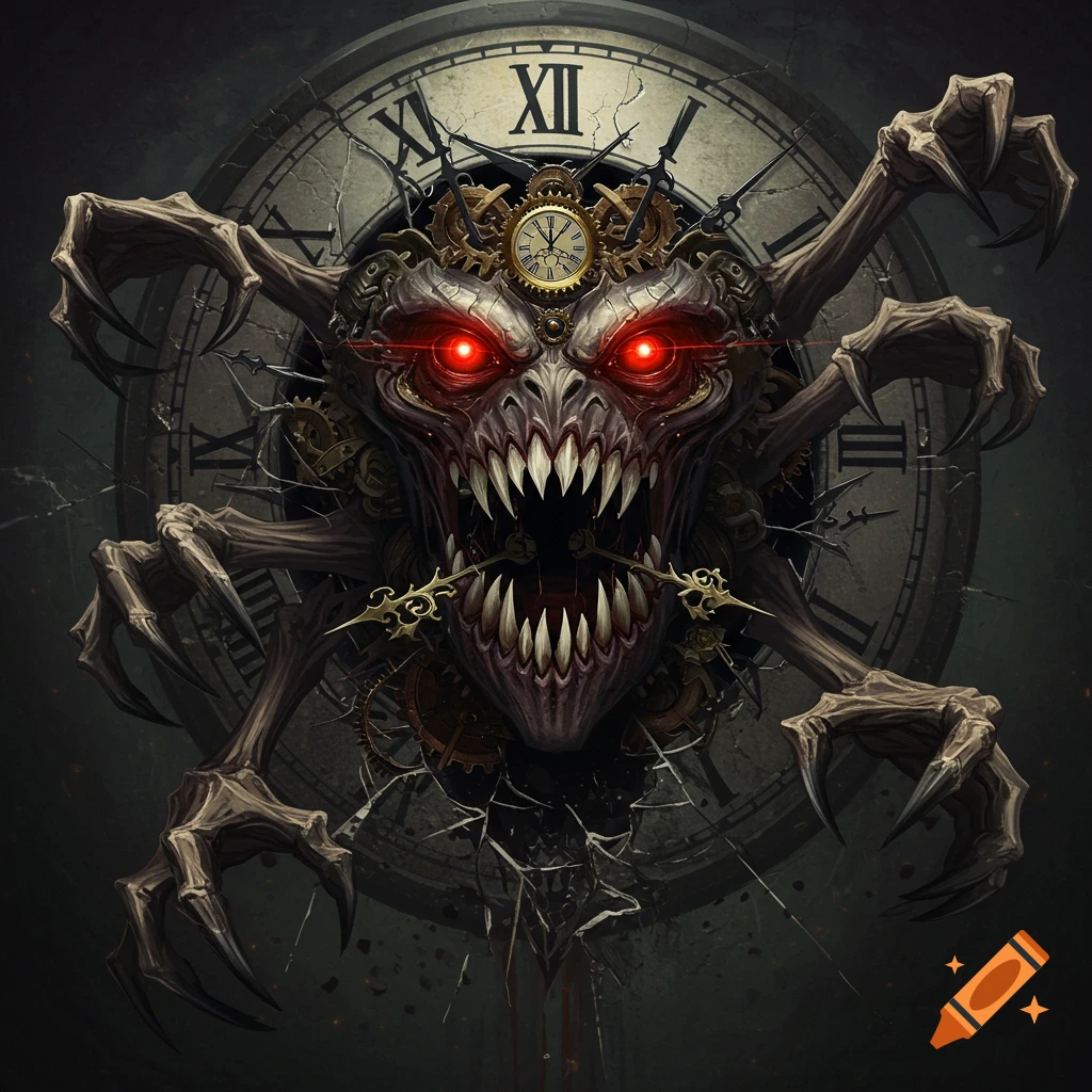 A clock monster with red eyes and sharp teeth bursts through a cracked clock face, holding clock hands.