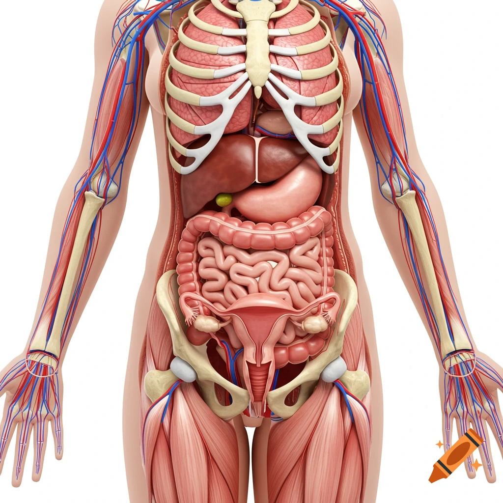 Illustration of female human anatomy showing internal organs, skeleton, muscles, and blood vessels.