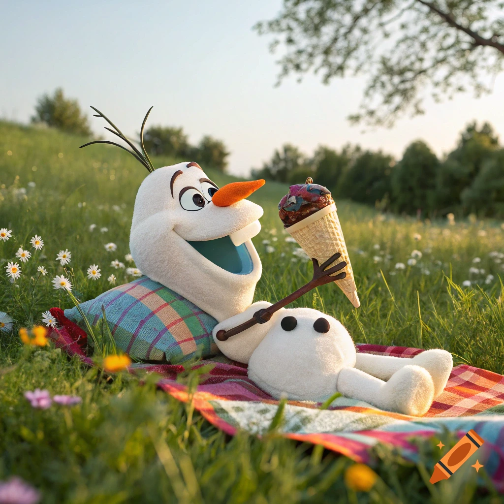 Olaf plush toy laying on a picnic blanket in a field, holding an ice cream cone