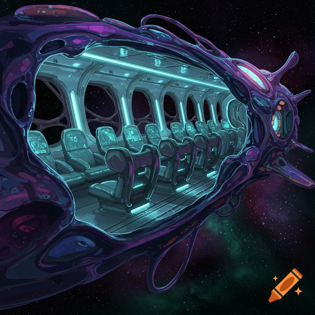 Interior of a futuristic spaceship cabin with seats looking out at stars.