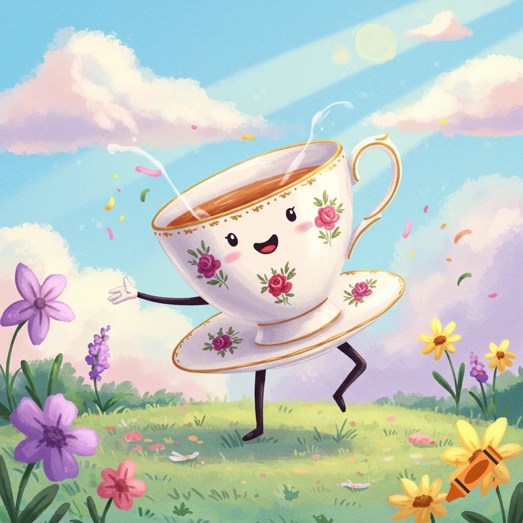Cartoon teacup character dancing in a sunny, grassy field with flowers.