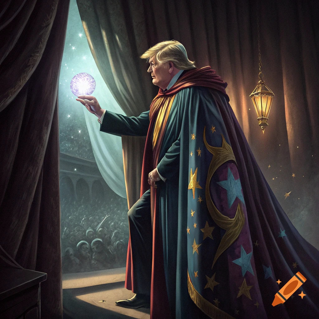 Donald Trump as a wizard in a cape on stage, holding a glowing orb above a crowd.