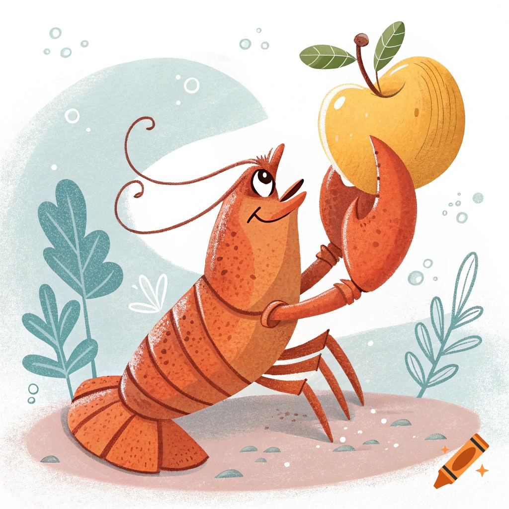 A cartoon lobster holds up a large yellow apple