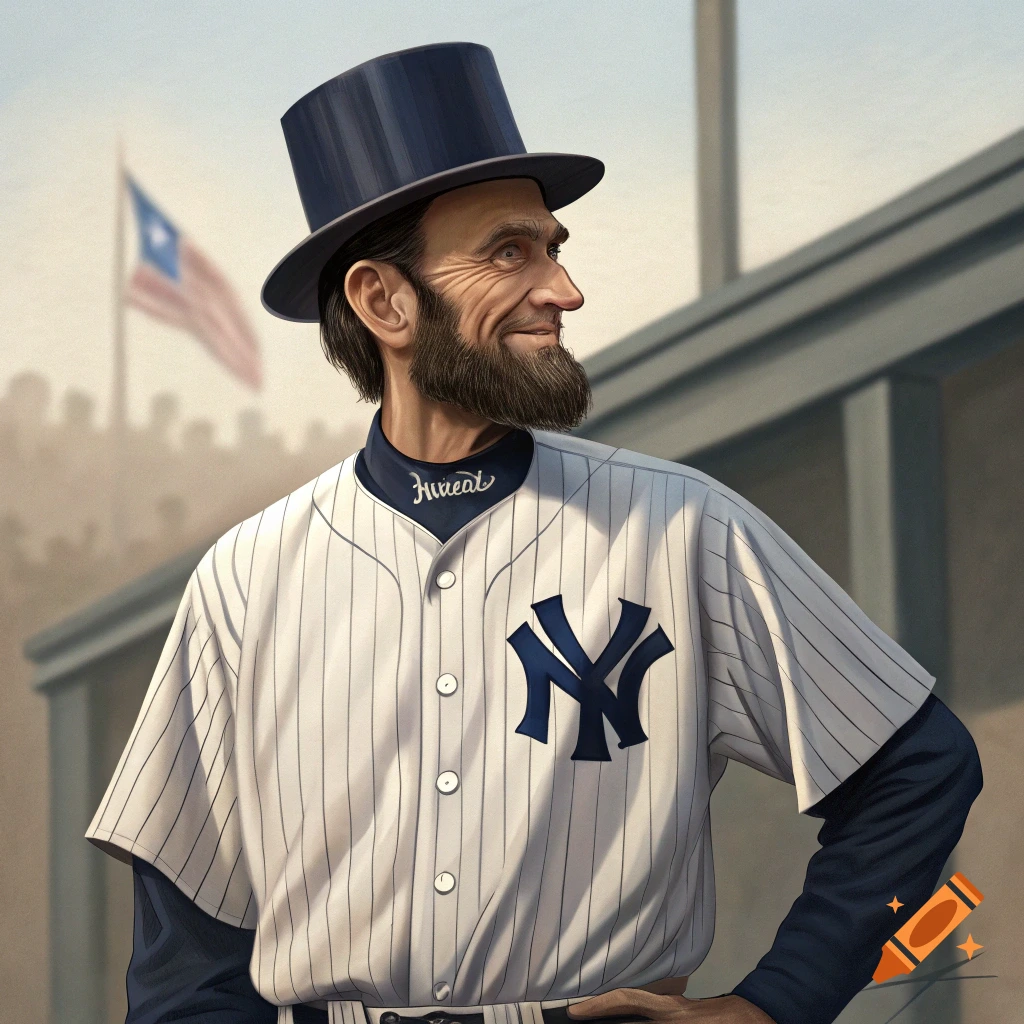 Caricature of Abraham Lincoln in a Yankees baseball jersey and top hat at a stadium