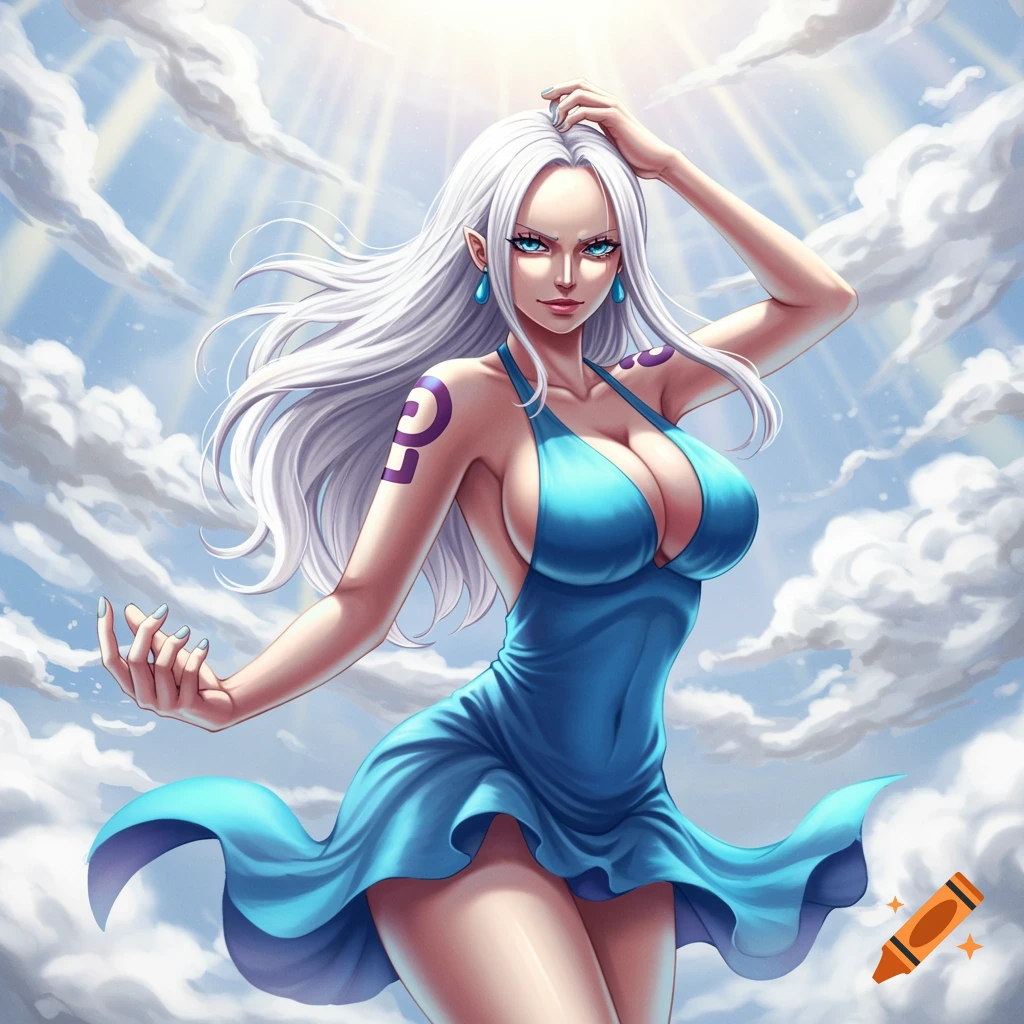 Anime-style female character with white hair and blue dress in clouds