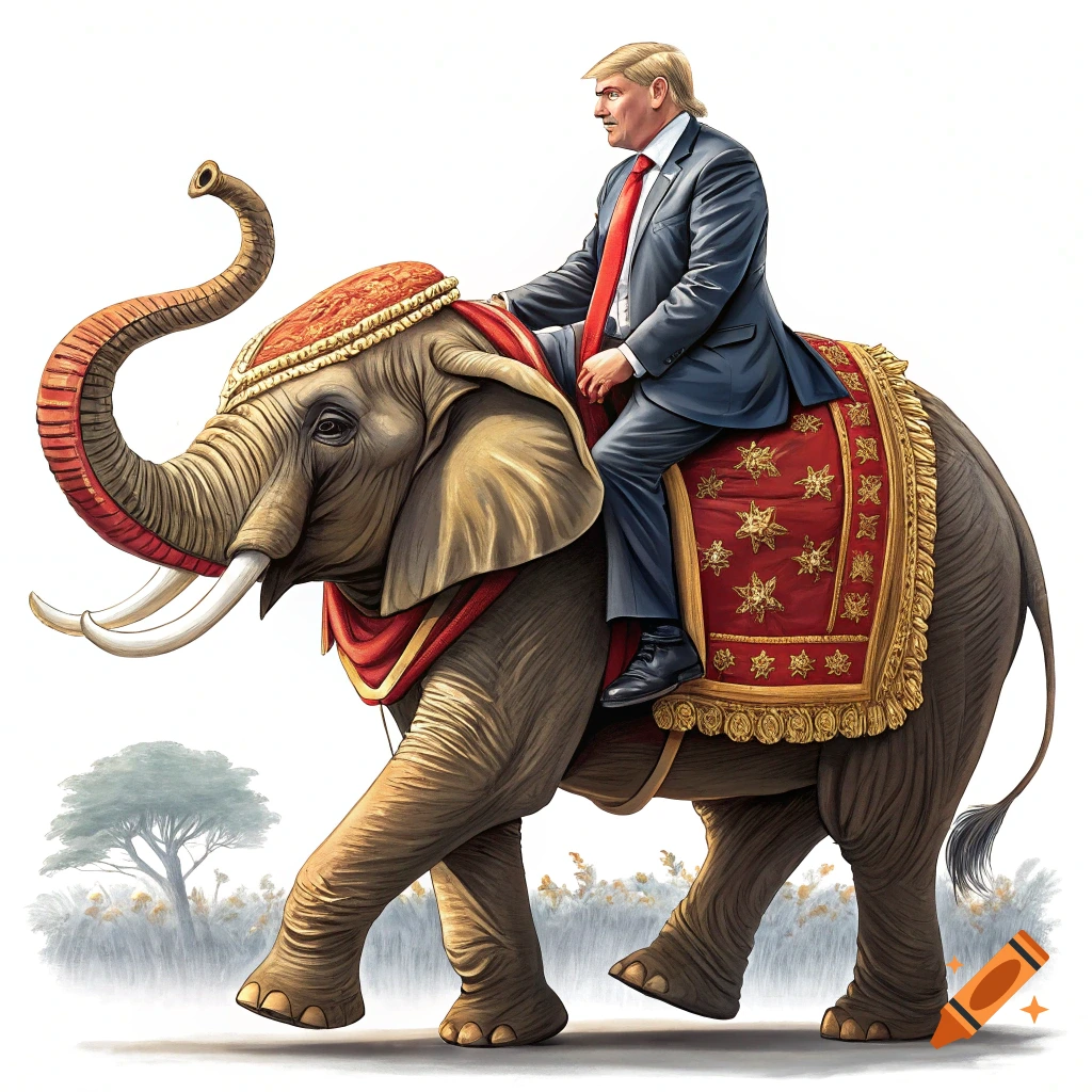 Donald Trump riding a decorated elephant
