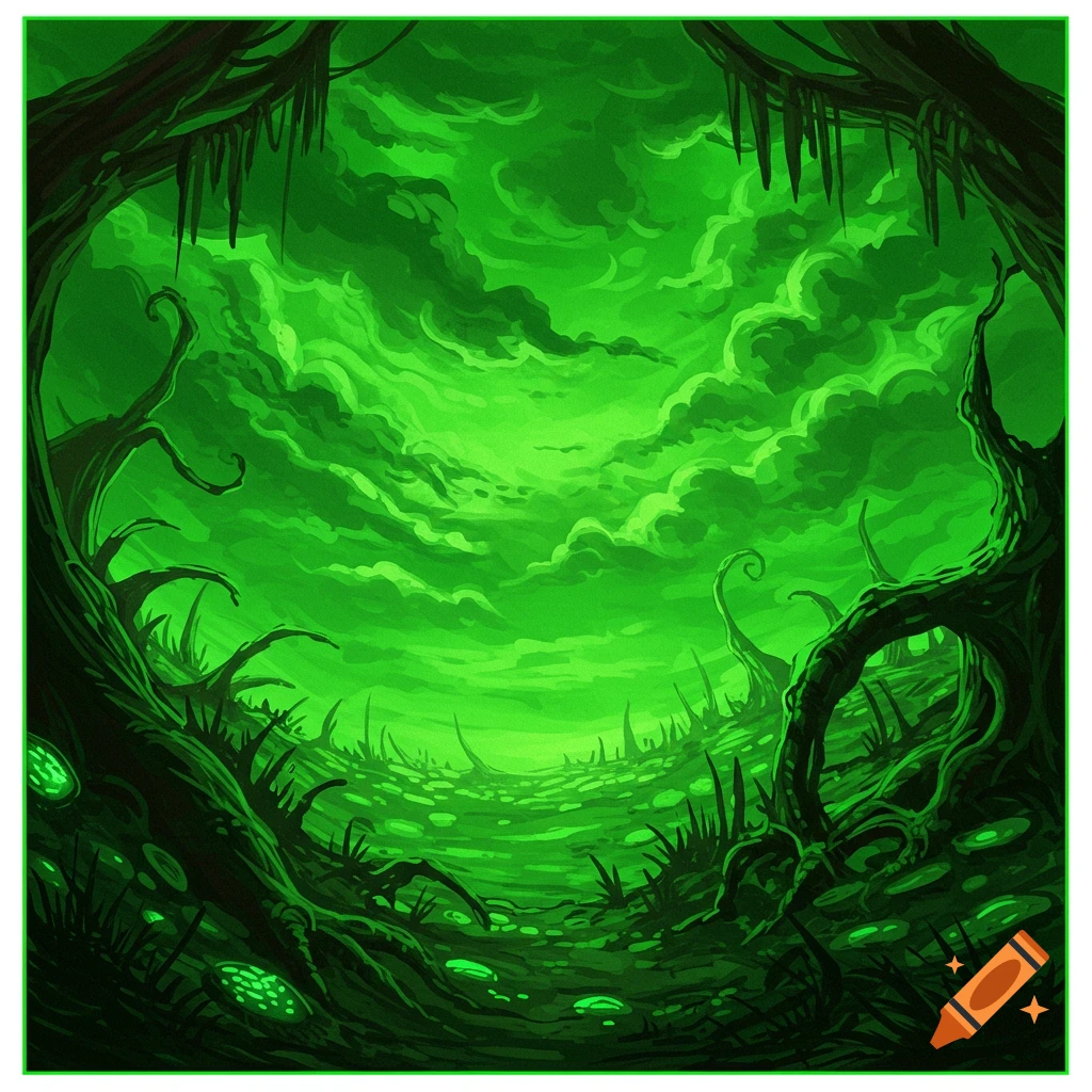Vivid green terrifying landscape with strange trees, glowing elements, and a green sky.