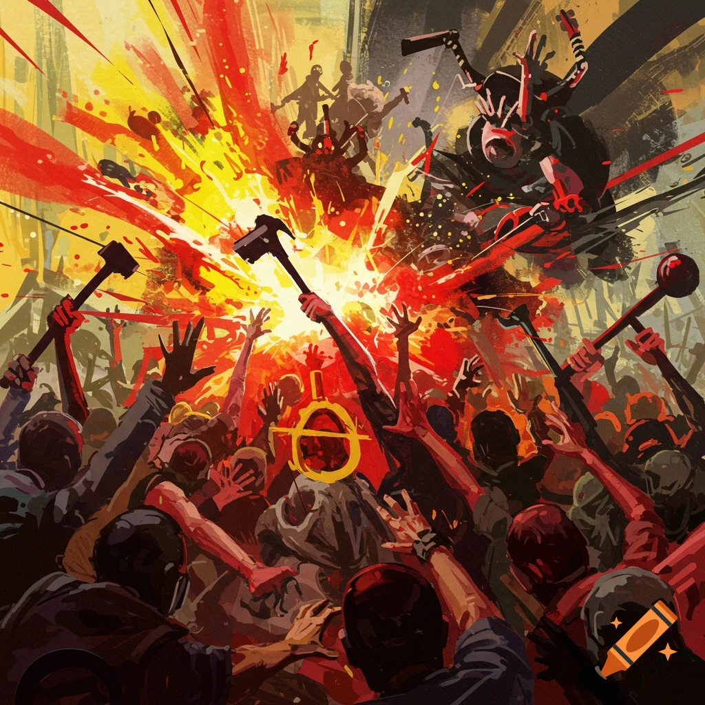 A chaotic conflict with figures wielding hammers and an explosion.