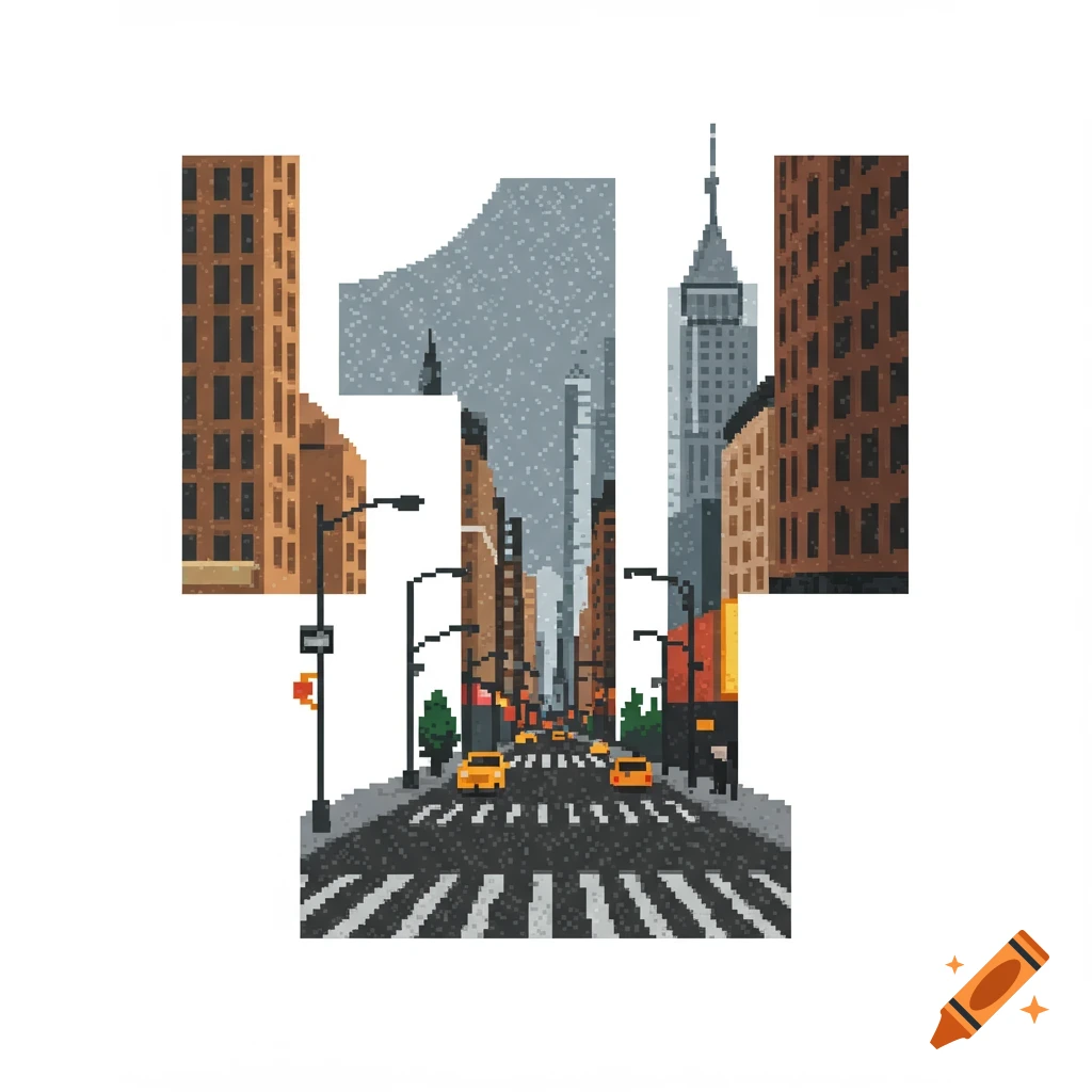 Pixel art cityscape inside the shape of the number 1.