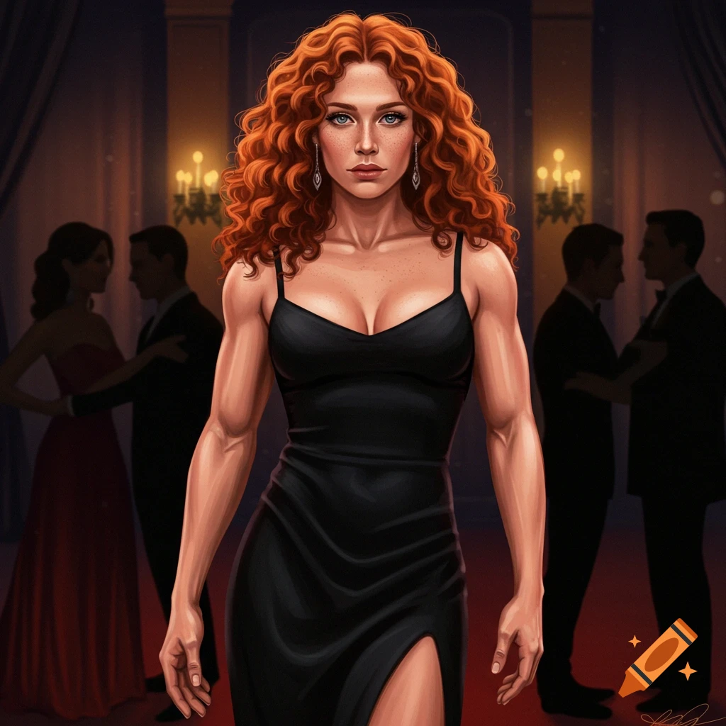 A woman with red curly hair is in a black dress in a ballroom.