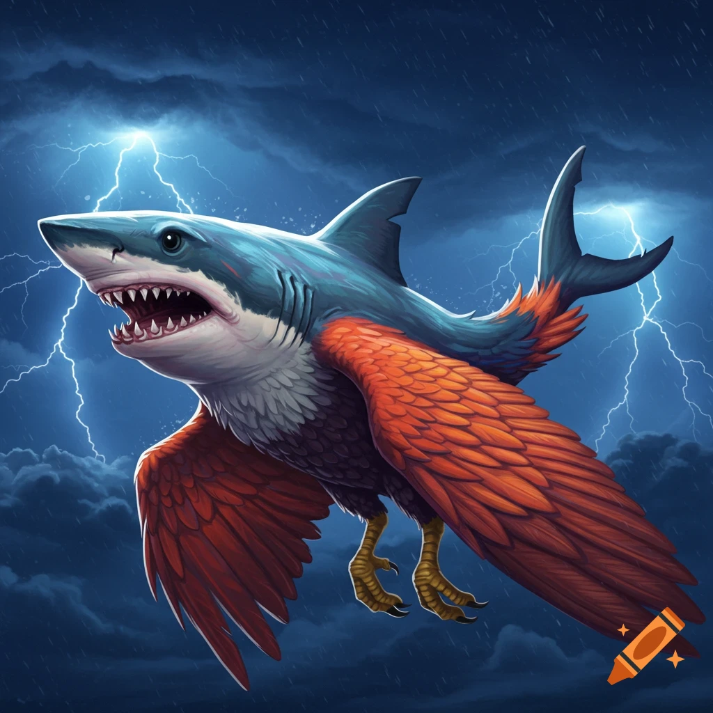A shark with bird wings and legs flying through a stormy sky with lightning.