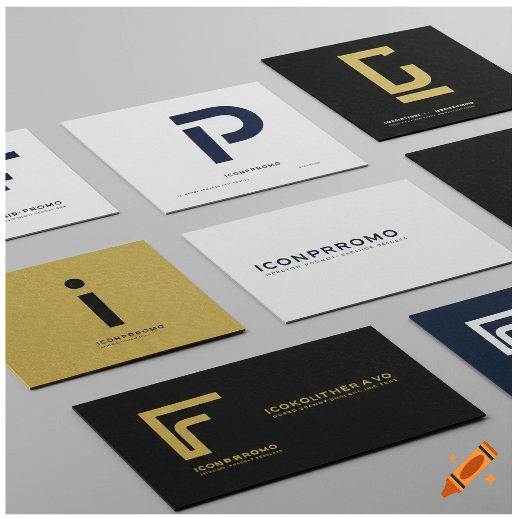 Mockup of multiple business cards with various logos and text on a grey surface. Cards are white, black, and gold.