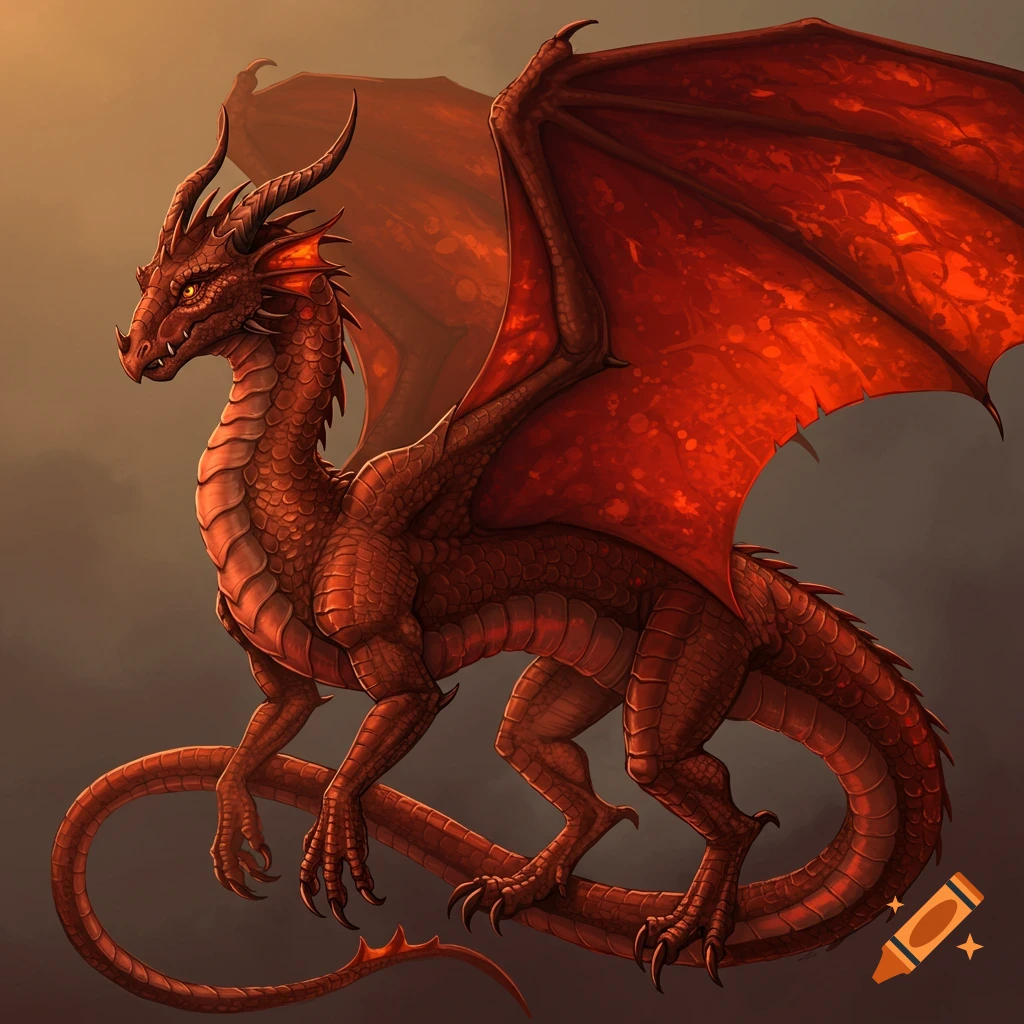 Red dragon with scaled body and large wings.