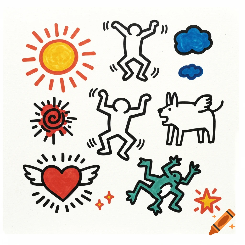 A colorful drawing in the style of Keith Haring featuring various symbols like a sun, heart with wings, jumping figures, a winged creature, and stars.
