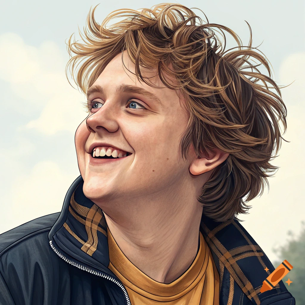 Stylized portrait of a young man with messy brown hair and blue eyes, smiling upwards while wearing a dark jacket and yellow shirt.