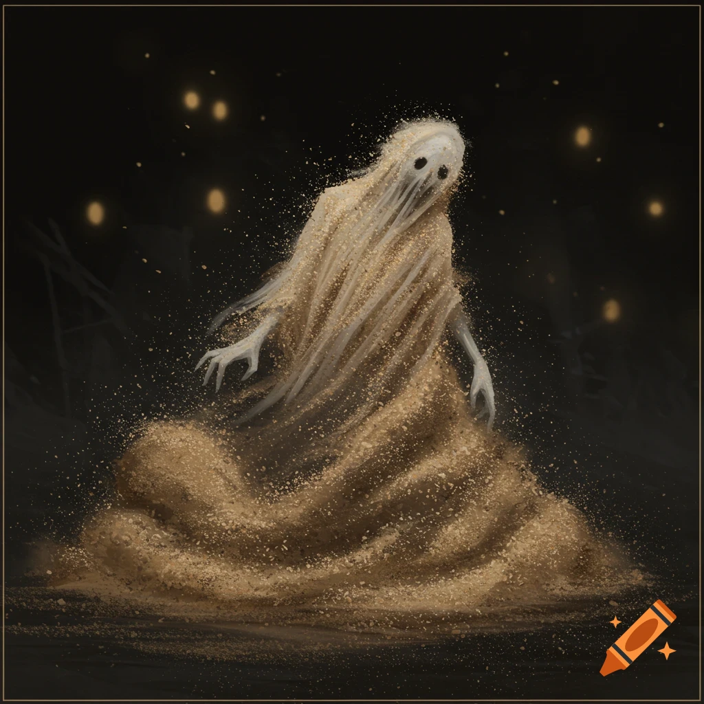A spooky ghost-like figure made of sawdust stands in a dark void with glowing lights.