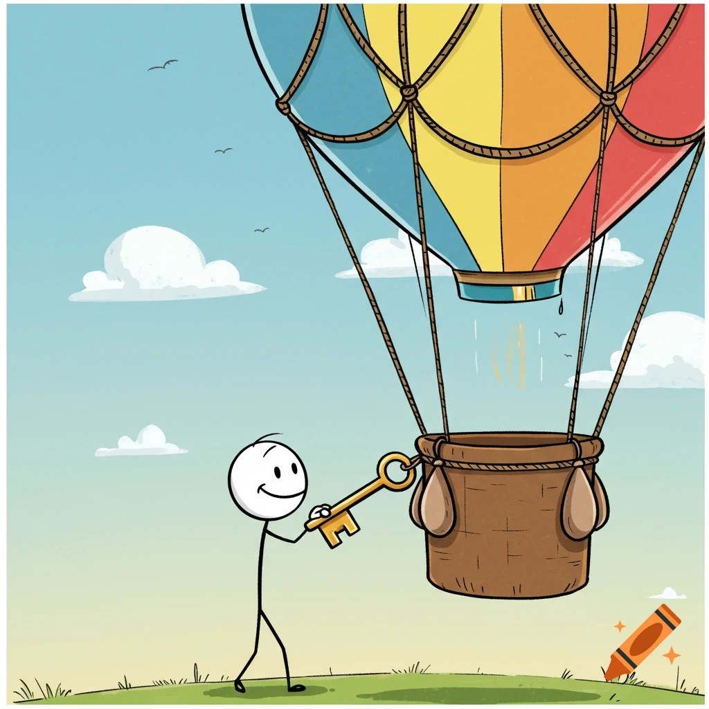 Stick figure holding a large key next to a hot air balloon basket in a cartoon illustration.