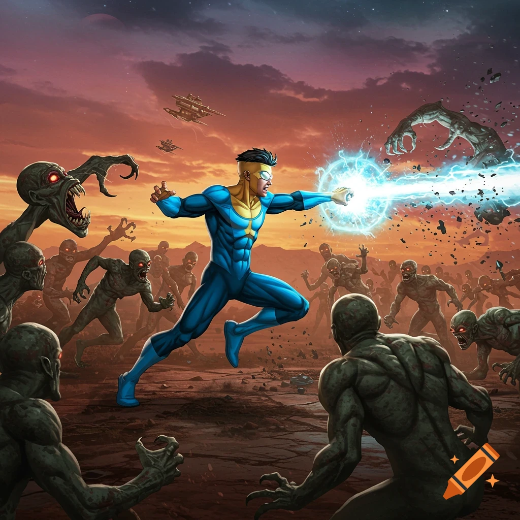 Comic art of superhero Invincible fighting a horde of zombies with an energy blast in a desert.