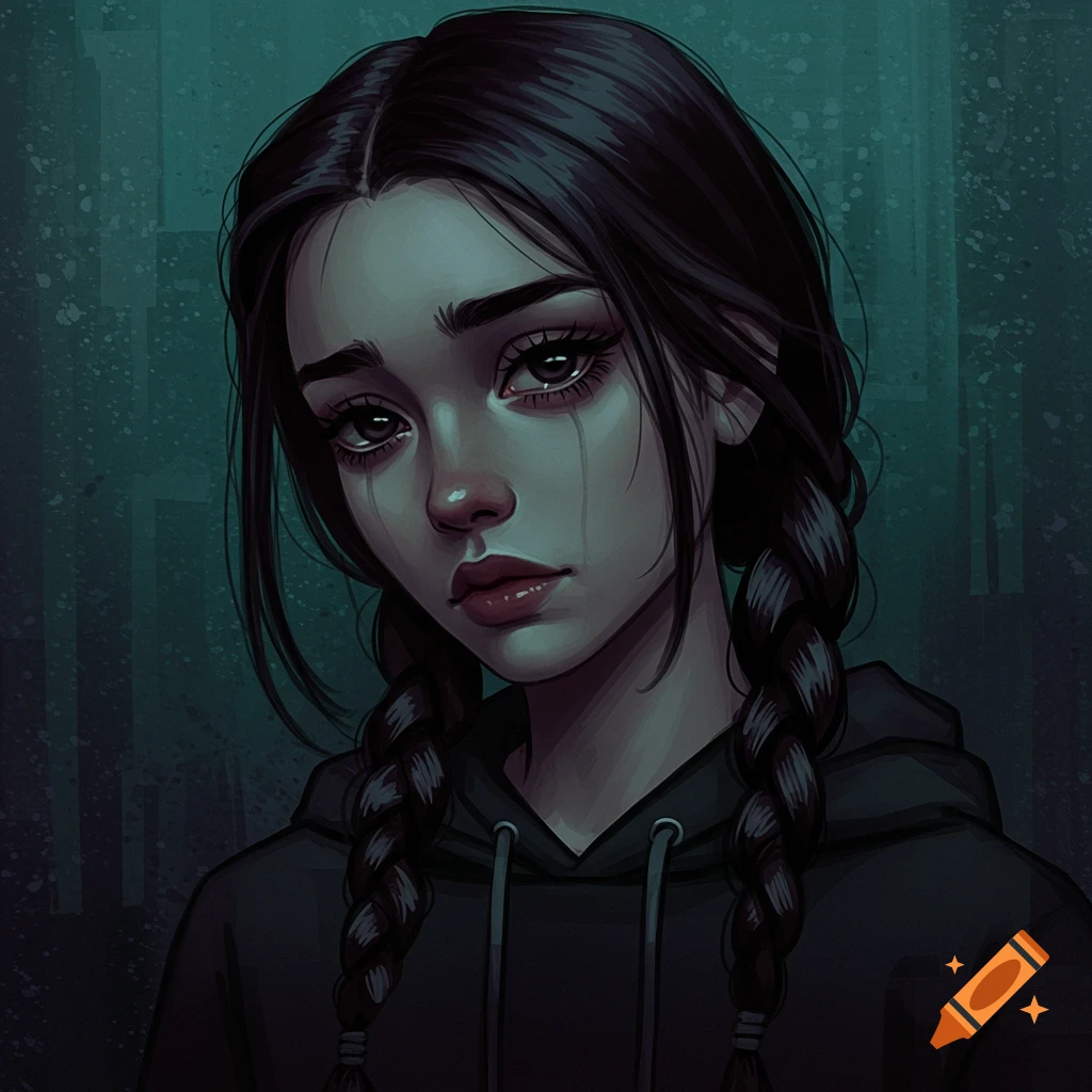 A sad young woman with braided hair, crying.