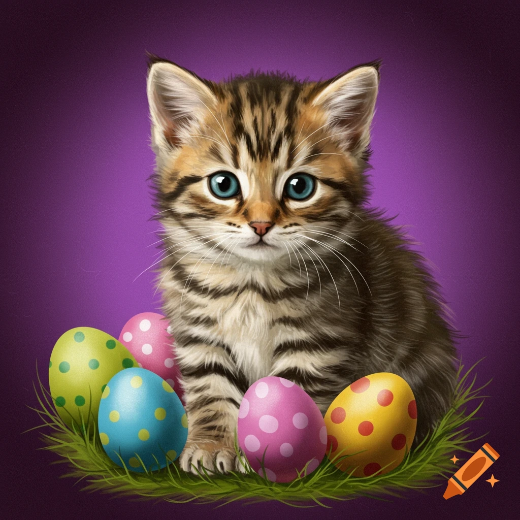 A cute kitten sits in grass surrounded by colourful Easter eggs.