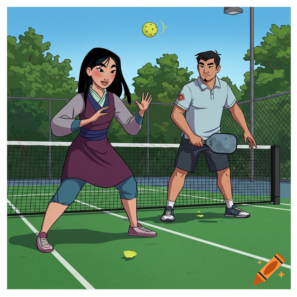 Mulan and Captain Li Shang play pickleball on an outdoor court.