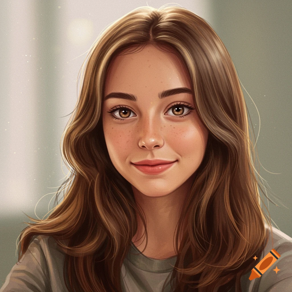 Portrait of a young woman with long brown hair and freckles, smiling.