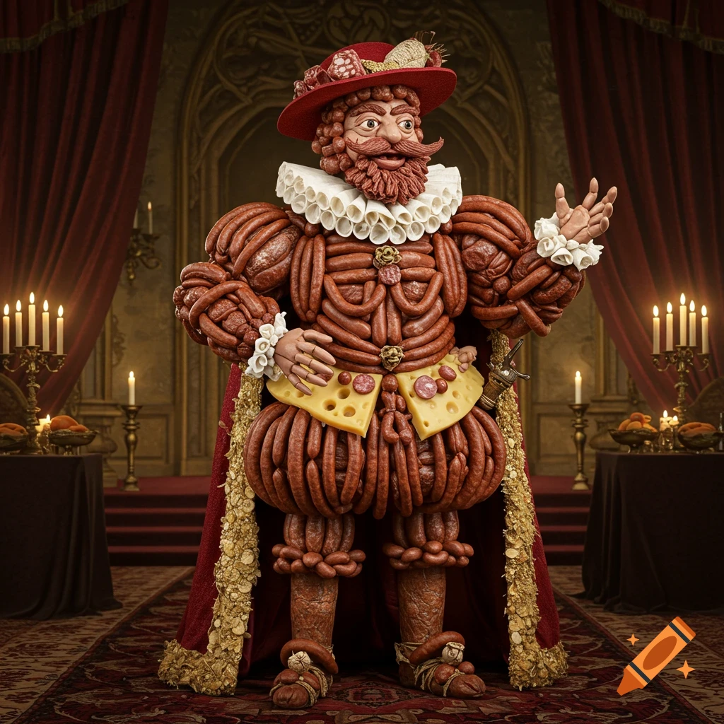 A figure resembling a historical baron, made of sausages and cheese, stands in a grand hall.
