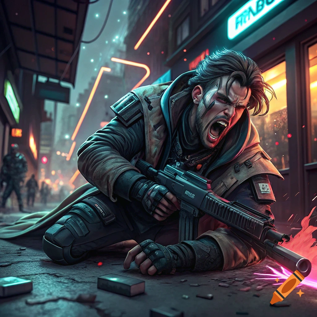 A man in cyberpunk gear crouches on a street, yelling and holding a futuristic rifle in a digital art style.