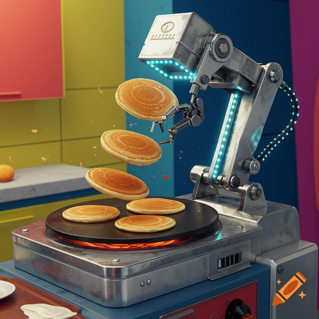 A robot arm flipping pancakes in a kitchen