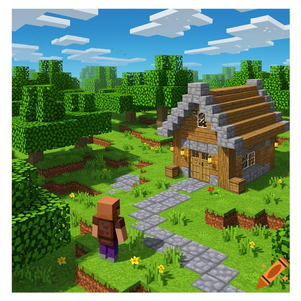 A blocky Minecraft landscape with a house, trees, stone path, and a villager character under a blue sky.