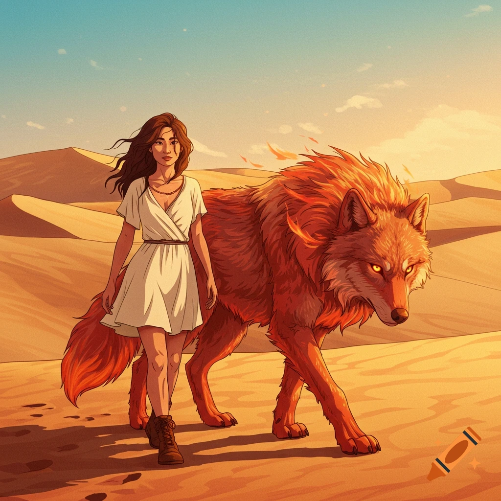 A woman and a large fiery red wolf walk through a desert at sunset.