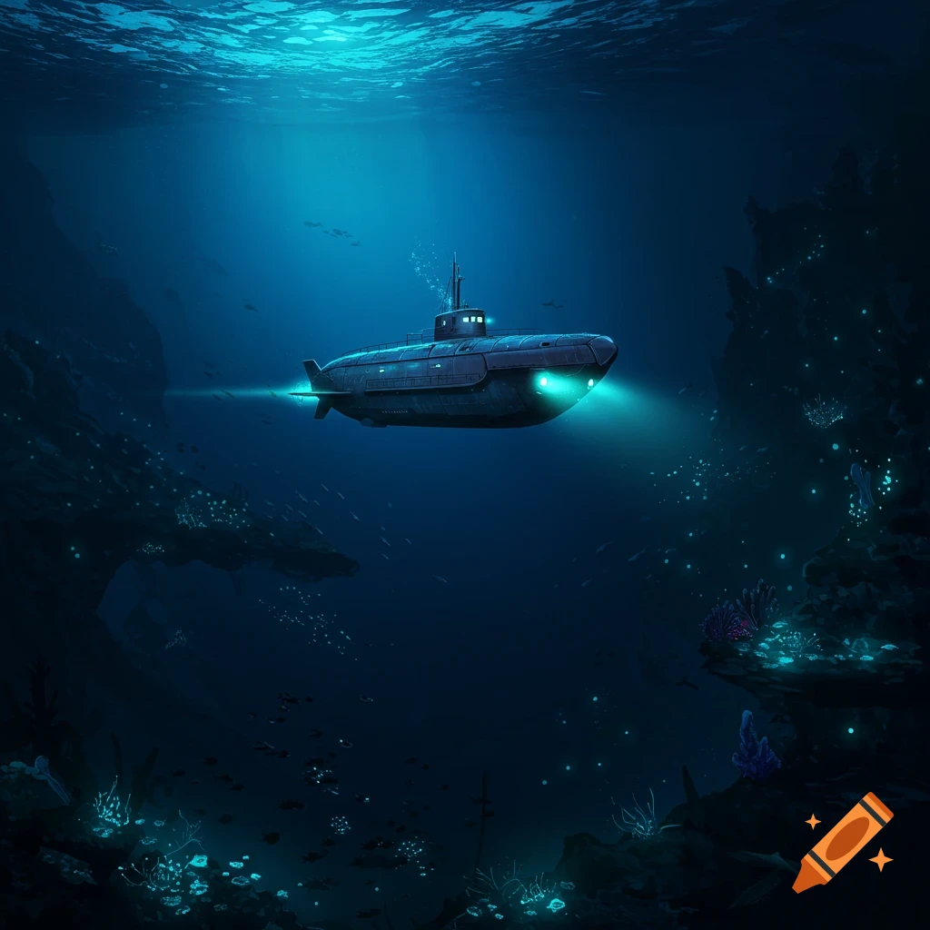 A submarine in the twilight zone of the ocean